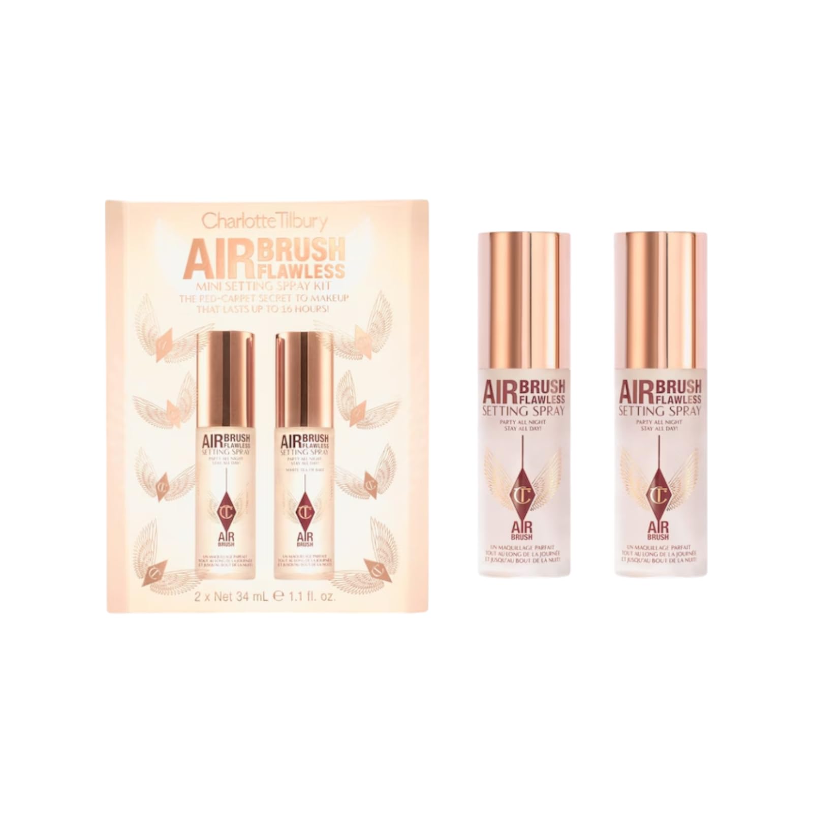 Charlotte Tilbury Airbrush Flawless Mini Setting Spray Kit, 2 x 34ml, Wasserfest, 16-Stunden-Halt, White Tea of Bali Duft, Mit Grüntee und Aloe Vera