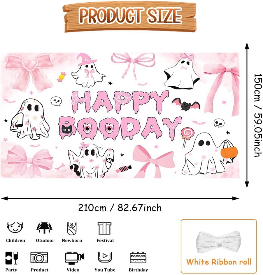 AIBIIN 7x5フィート ピンク ハロウィンパーティーデコレーション - ハッピーブーデー コケティ 誕生日 装飾 弓 ゴースト