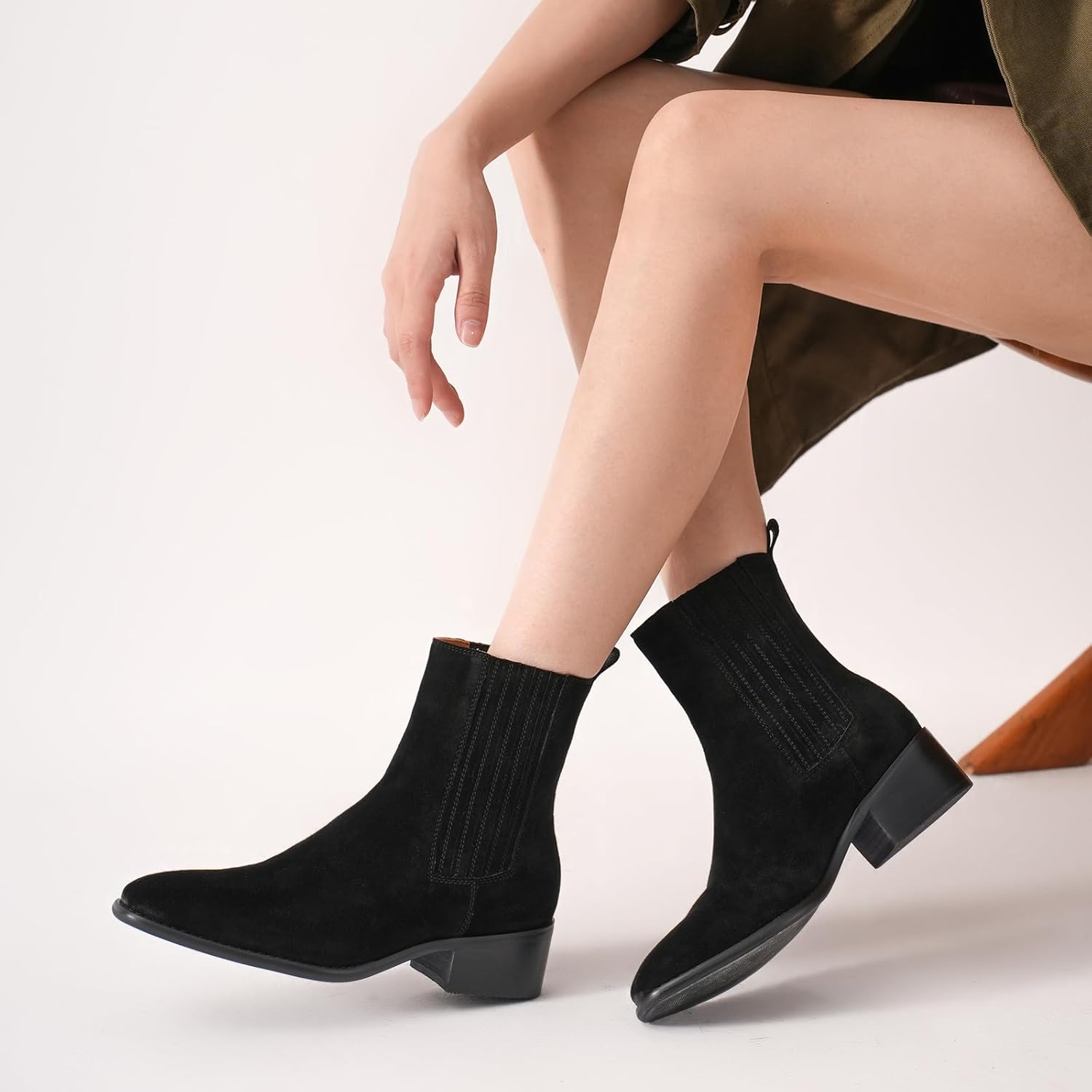 BEAU TODAY Chelsea Boots Women, Suede Chunky Boots for Women, Dress Ankle Booties Low Heel, Slip On Pointed Toe Western Boots with Elastic Band