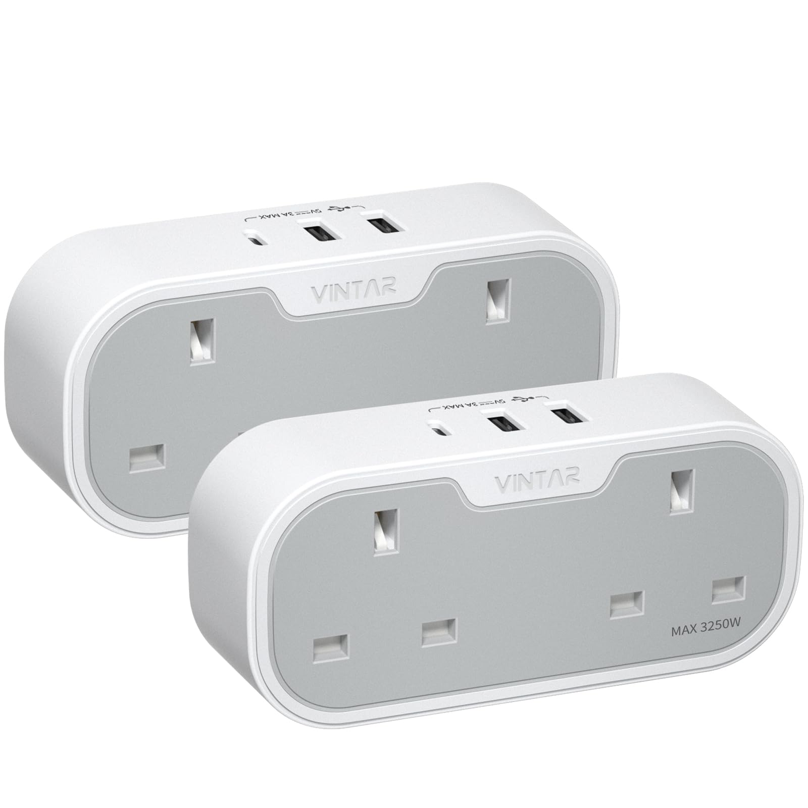 VINTAR Double Plug Adaptor, Multi Plug Extension Socket with 2 USB 1 USB C Ports, 2 Way Plug Adapter UK