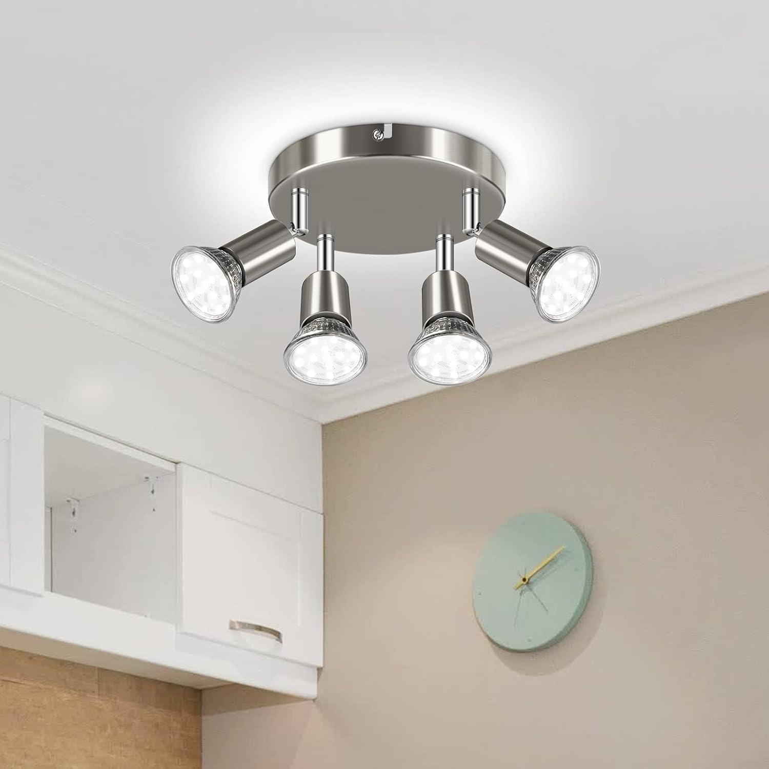 LANGREE Round 4-Light Track Lighting Fixtures, 4 Way Ceiling Spotlight, ø180mm (Including 4x4w GU10 LED Light Bulbs, 4W, 400LM, 5000K Daylight White) LED Ceiling Light Rotatable, Matte Nickel
