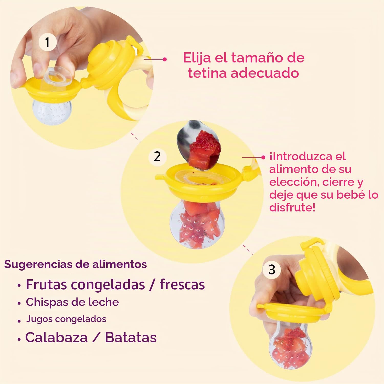 Chupete fruta bebe de NatureBond (2 piezas), mordedores bebes | Además incluye bolsitas de silicona de todos los tamaños (Rosa y amarilla)