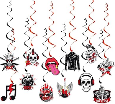 Rock and Roll Hanging Swirl 80s Heavy Metal Themed Birthday Party Decorations Rock Star Hanging Swirls Ceiling Party Decor for 50s 60s Born to Rock Birthday Punk Party Supplies 12pcs Fully Assembled