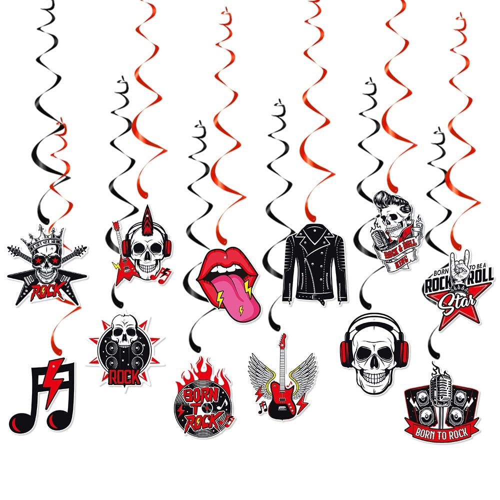 Rock and Roll Hanging Swirl Heavy Metal Punk Themed Birthday Party Decorations Guitar Record Sign Rock Star Hanging Swirls Ceiling Party Decor 50s 60s