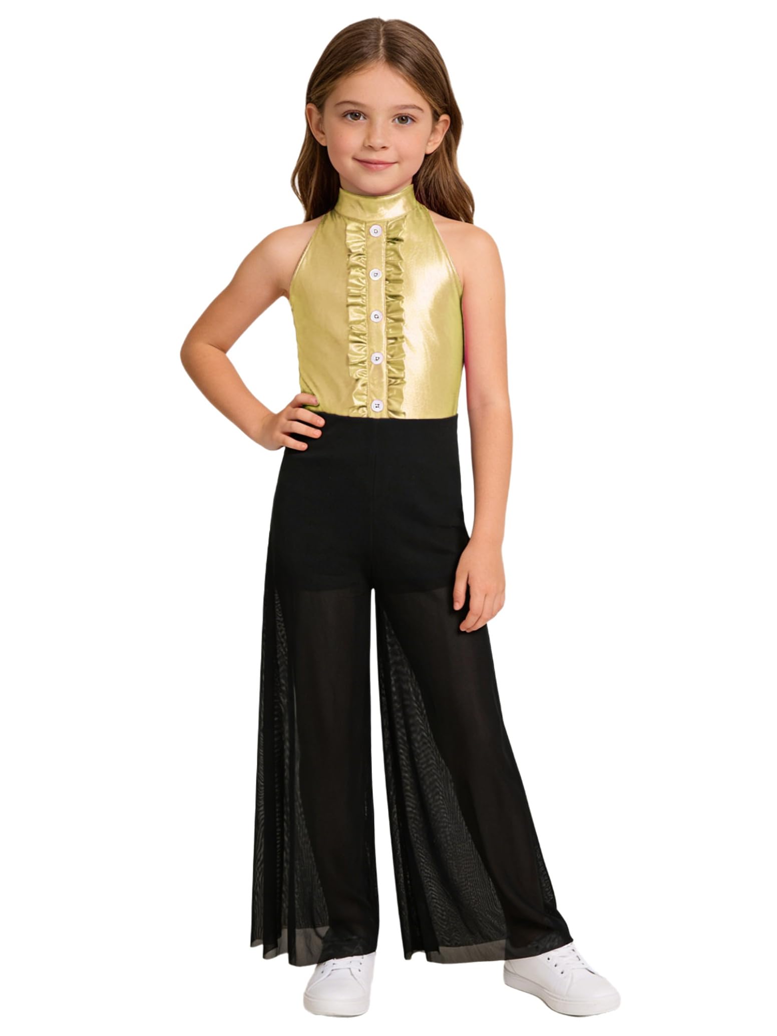 inlzdz Kids Girls Hip Hop Dance Outfits Retro 70s 80s Rock Disco Costume Flowy Mesh Overlay Pants Romper Gold 15-16 Years