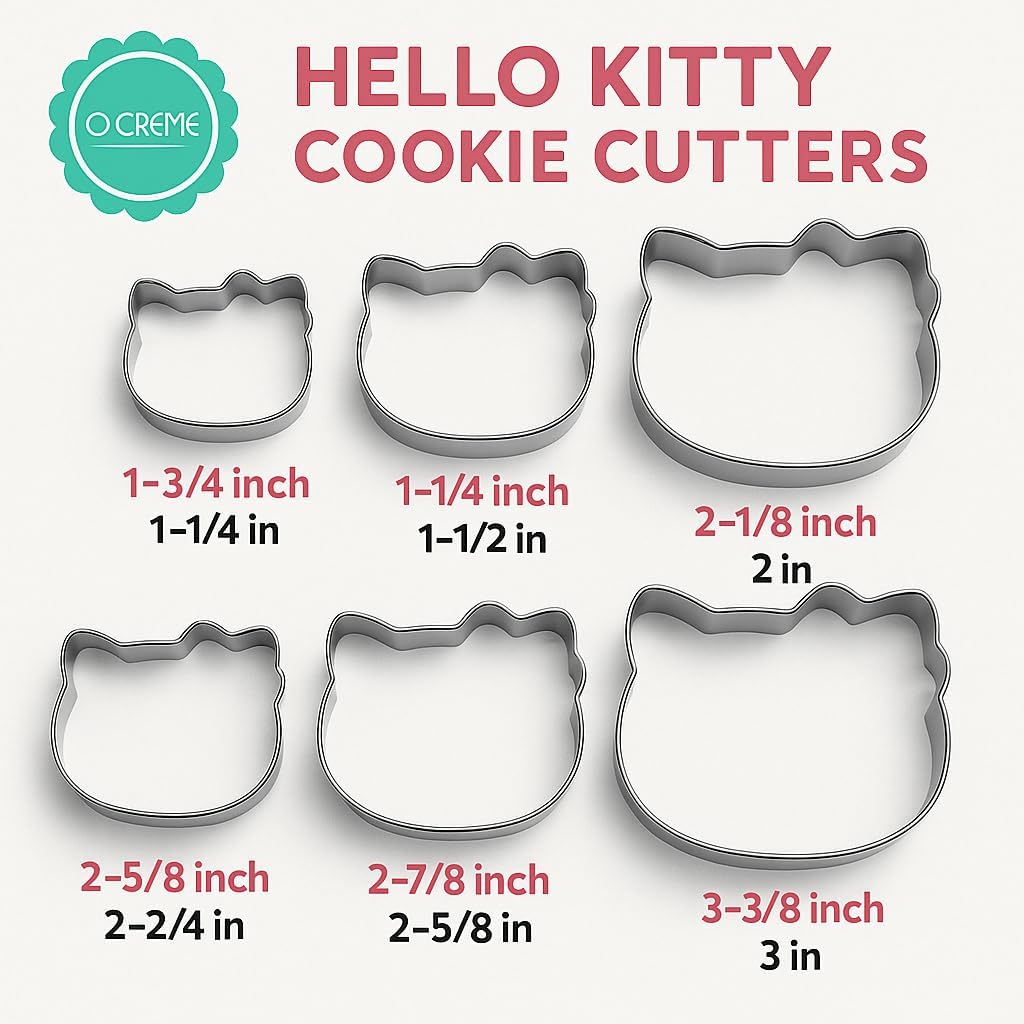 O'Creme Hello Kitty Cookie Cutters Stainless Steel Set of 6 | Six graduated sizes from 1-3/8 to 3-3/8 inches, crafted from durable stainless steel for clean, sharp cuts every time.