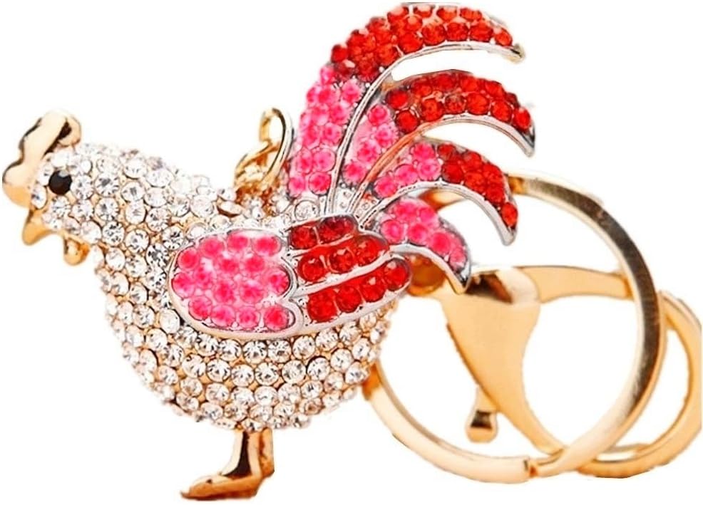 JewelBeauty Rooster Keychain, Pink & Red Rhinestone Car Key Pendant, Animal Print Keyring, Handbag Pendant, Car Purse Charm