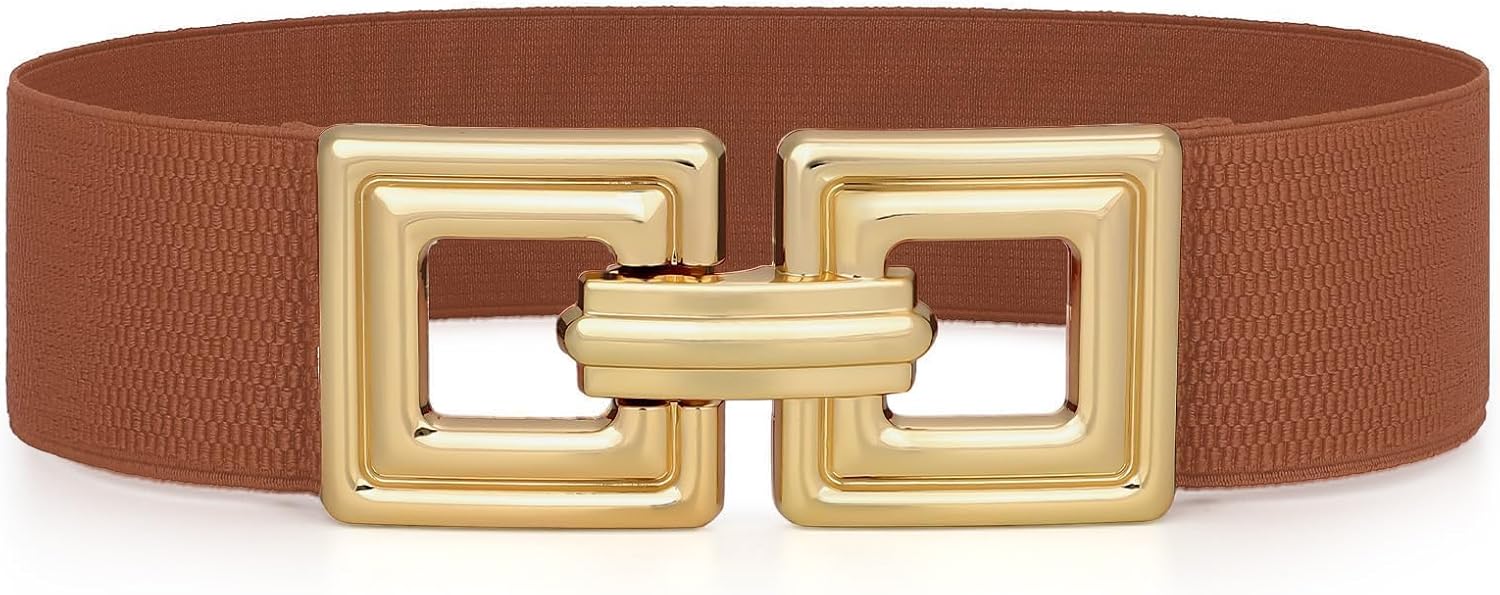 WHIPPY Women Wide Elastic Waist Belt Fashion Hollow Out Square Gold Buckle Stretchy Belt Waistband for Ladies