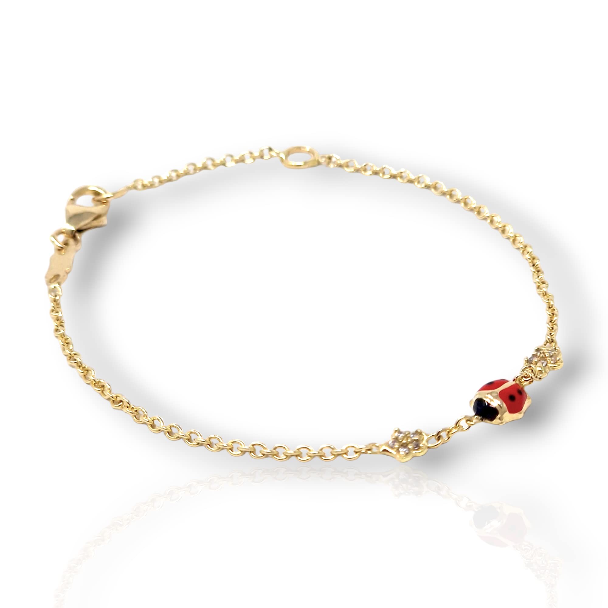 Italian Jewelry and Craftsmanship Bracciale coccinella rossa in oro giallo 18 Kt (750) per neonati o bambini unisex a catena Rolò doppia misura regolabile e fiori