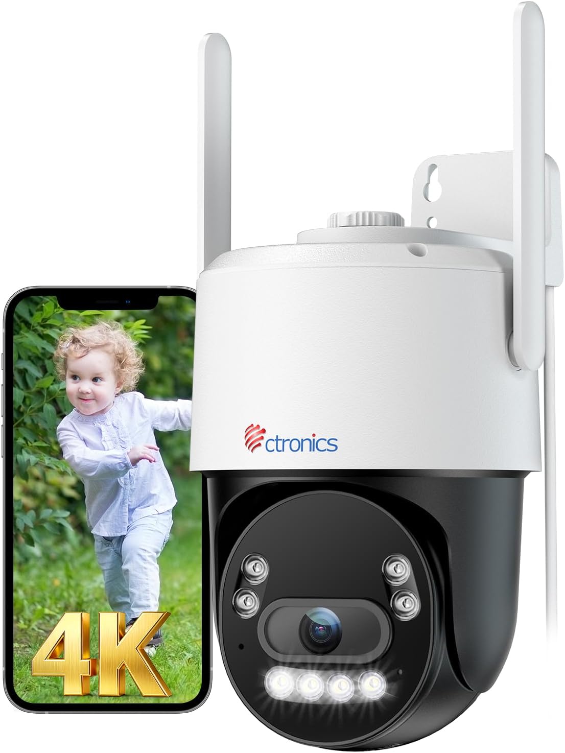 Ctronics 4K Security Camera Outdoor WiFi, PTZ Camera with 8MP Color Night Vision, 2.4/5GHz WiFi, Human/Vehicle/Animal Detection, Supports NVR & 24/7 Recording, 2 Way Audio, IP66
