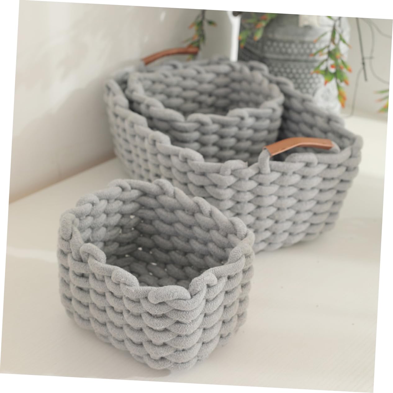 POPETPOP Cesta Tejida de Cuerda de Algodón, Juego de 1, Asa | Cuero, Estilo Nórdico Simple y Versátil, para Hogar y Cosméticos, Almacenamiento Práctico y Seguro