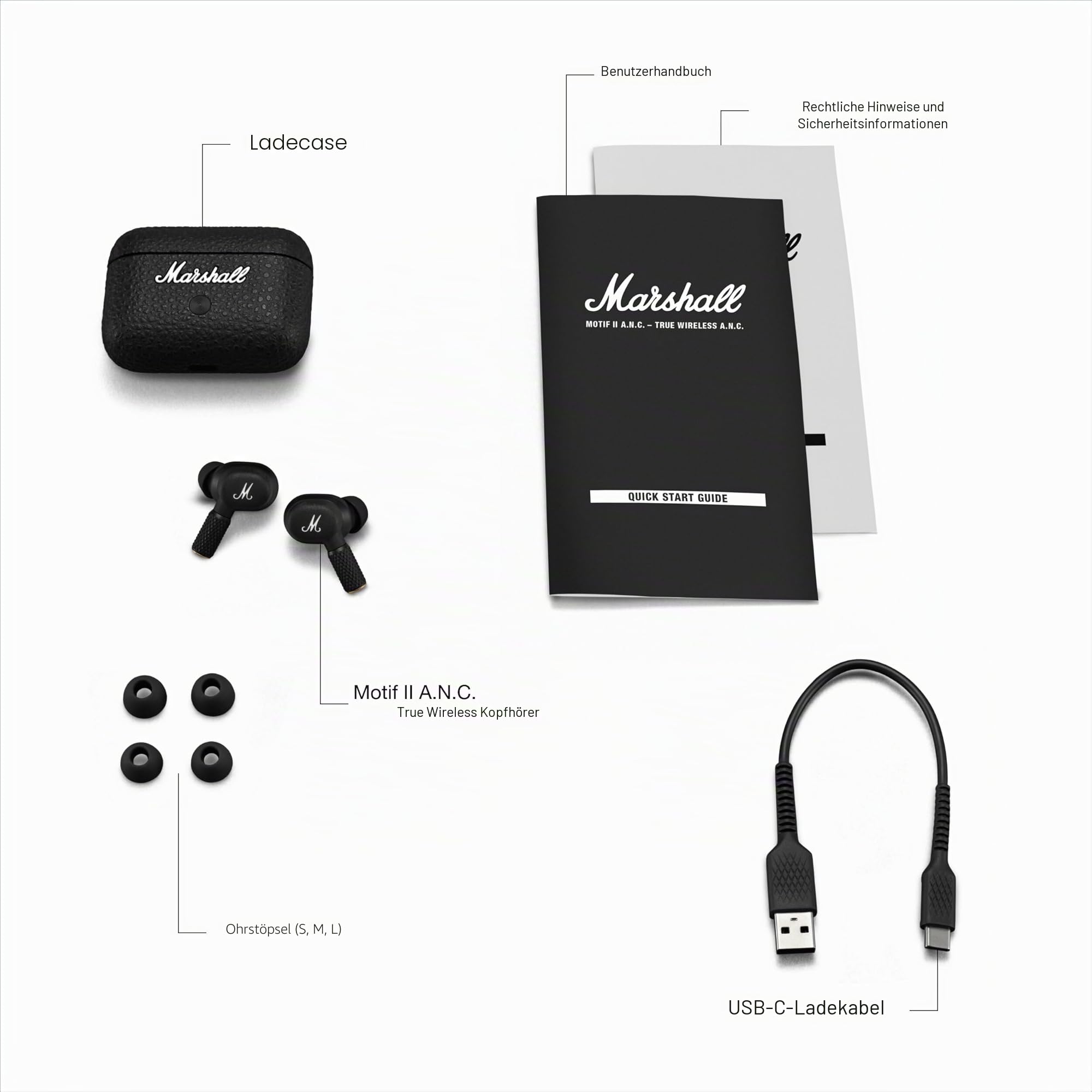 Marshall Motif II ANC – True Wireless Active Noise Cancelling Bluetooth-Kopfhörer, Ohrhörer, 30 Stunden Spielzeit – Schwarz