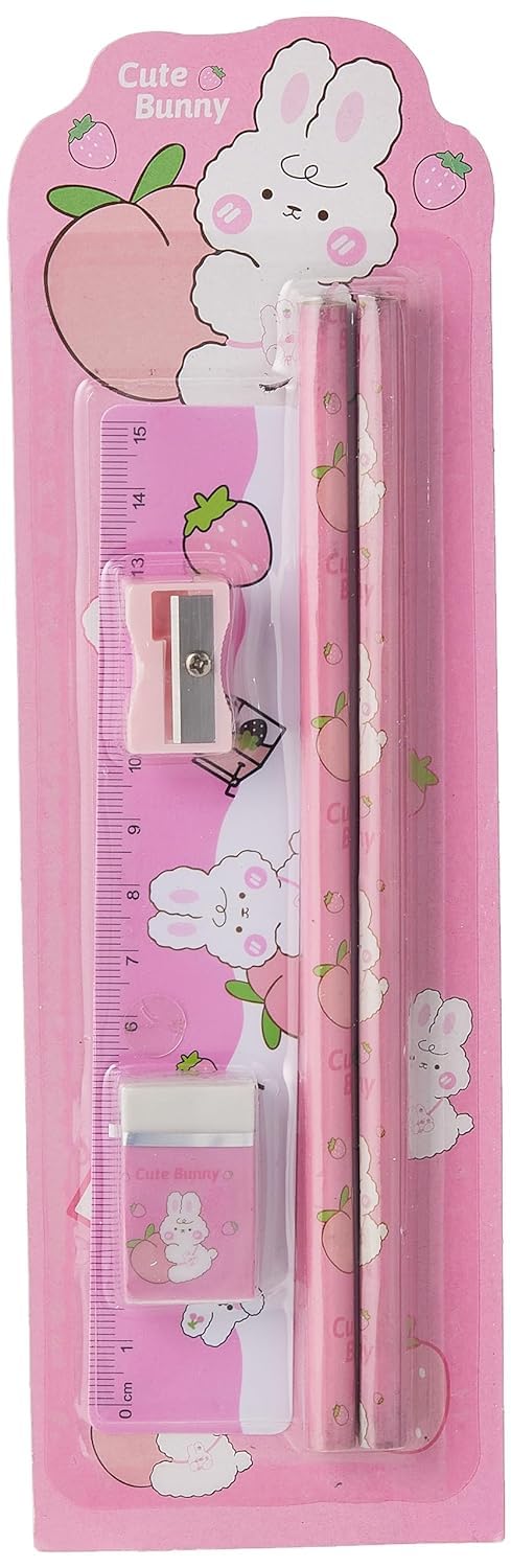 Star BabiesStationery Set - Pack of 5 Includes: 2 Pencils + 1 Ruler + 1 Eraser + 1 Sharpener-PInk