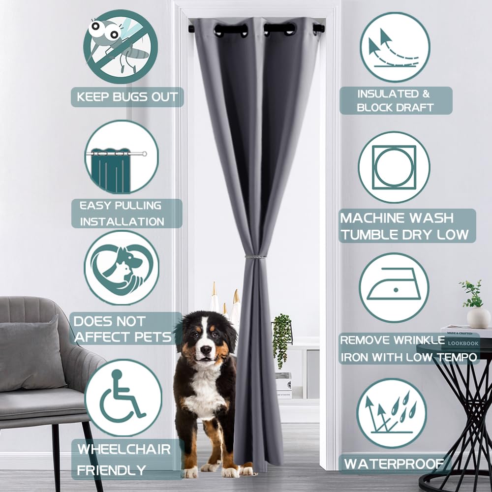 XTMYI Doorway Curtain Privacy,Portable Door Cover Curtain,Sound Proof Winter Summer Heat Blocking Insulated Thermal Grommet Blackout Curtains for Bedroom,80 Inch Length,Dark Grey - Image 2