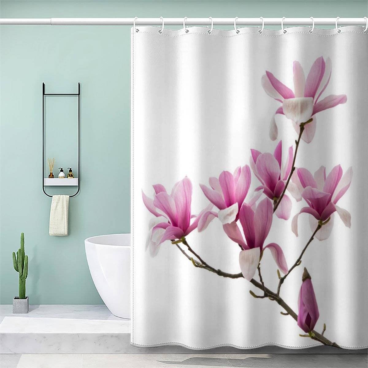 AOLIGL Pink Magnolia Shower Curtain 180x200cm Spring Twigs Shower Curtains Quick-Drying Waterproof Shower Curtains Mould Proof Resistant With 12 Hooks and Weighted Hem — image 1