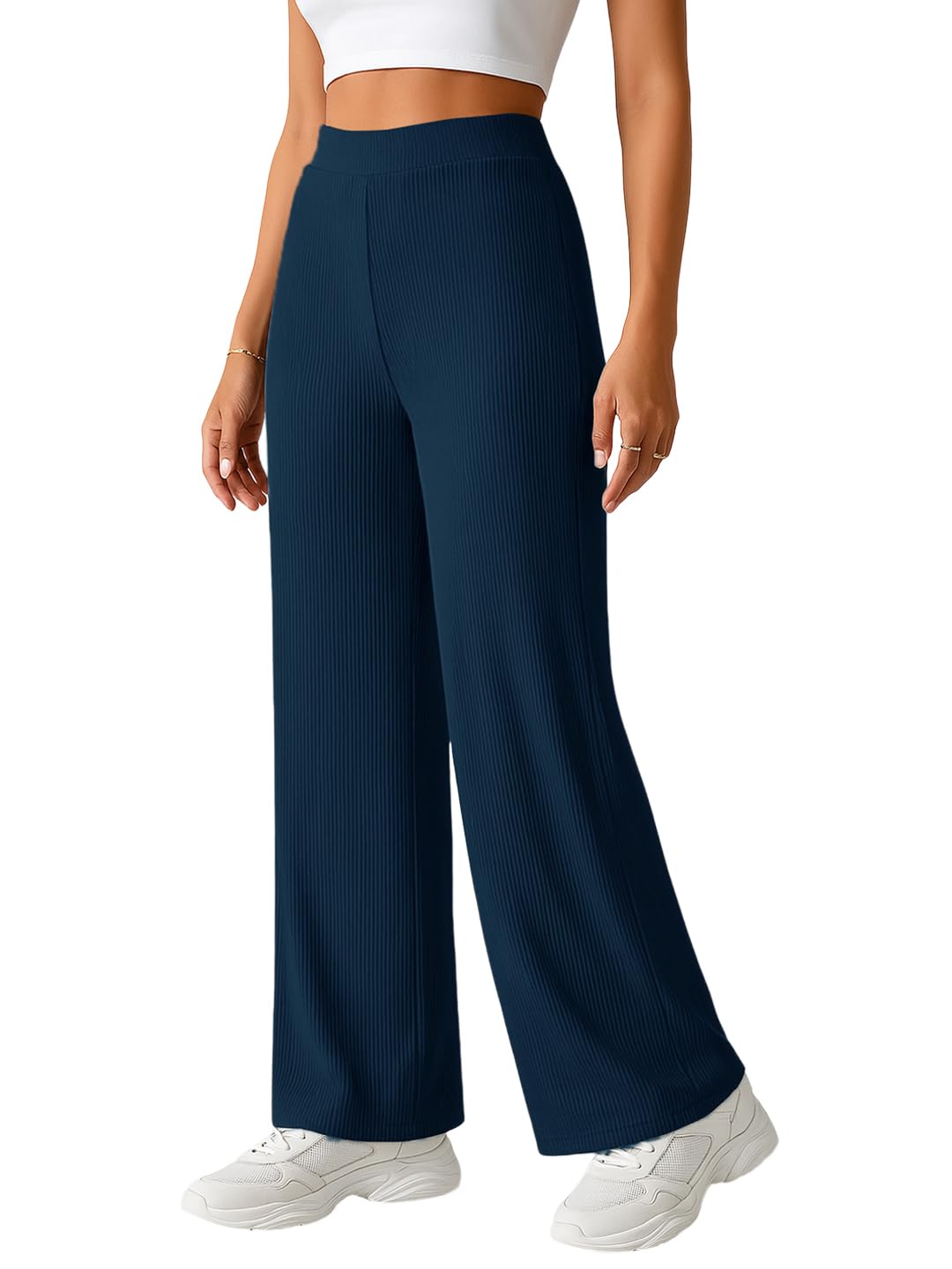 pinkmint Women High Waist Ribbed Wide Leg Trousers | Stretchable Palazzo Pants | Gym Yoga Workout Sports Activewear | Casual Lounge Travel Office Elastic Waist Flared Pants-picture-32