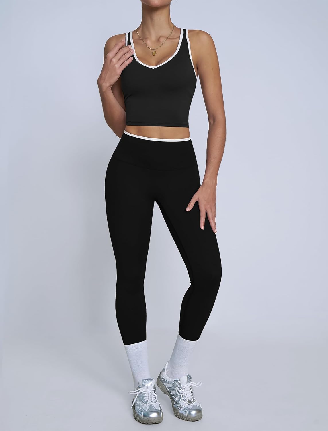 ABOCIW Womens Color Block Workout Sets Racerback Tank Top High Waist Leggings Gym Set Yoga Pilates Outfits - Image 4