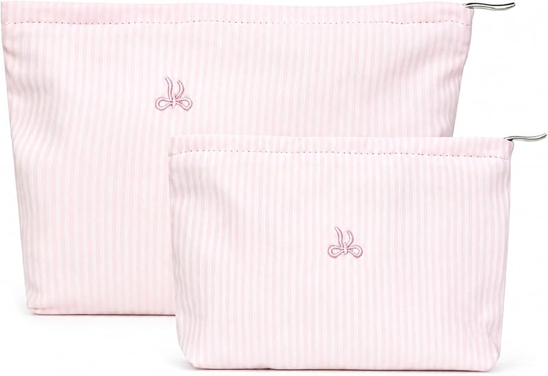 Wudygirl Necessaires de Maquiagem com Listras e Laço Rosa, Pacote com 2