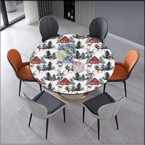 Miniatura 2 de Mantel redondo pequeño con diseño de borde elástico de Navidad, con casa roja y ciervos en el bosque de invierno, se adapta a mesa redonda de 23
