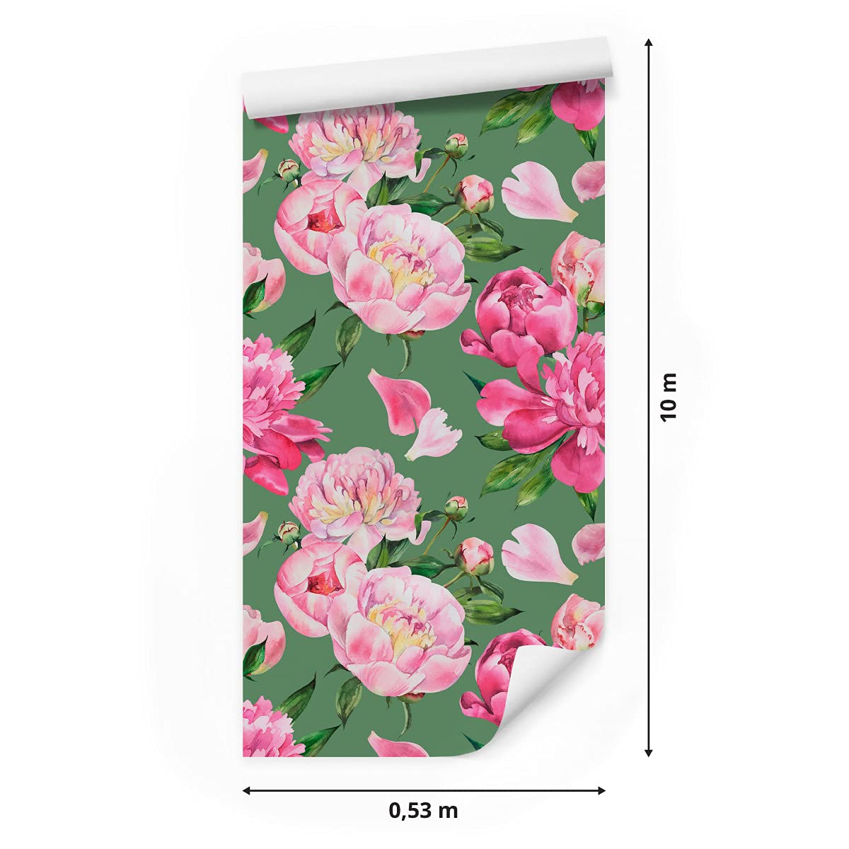 Muralo Tapeta 10 m, rolka flizeliny, piwonie, kwiaty, liście, natura, rośliny, łodygi, tapeta z włókniny, 1000 x 53 cm, tapeta ścienna, do salonu, sypialni, nowoczesna dekoracja ścienna