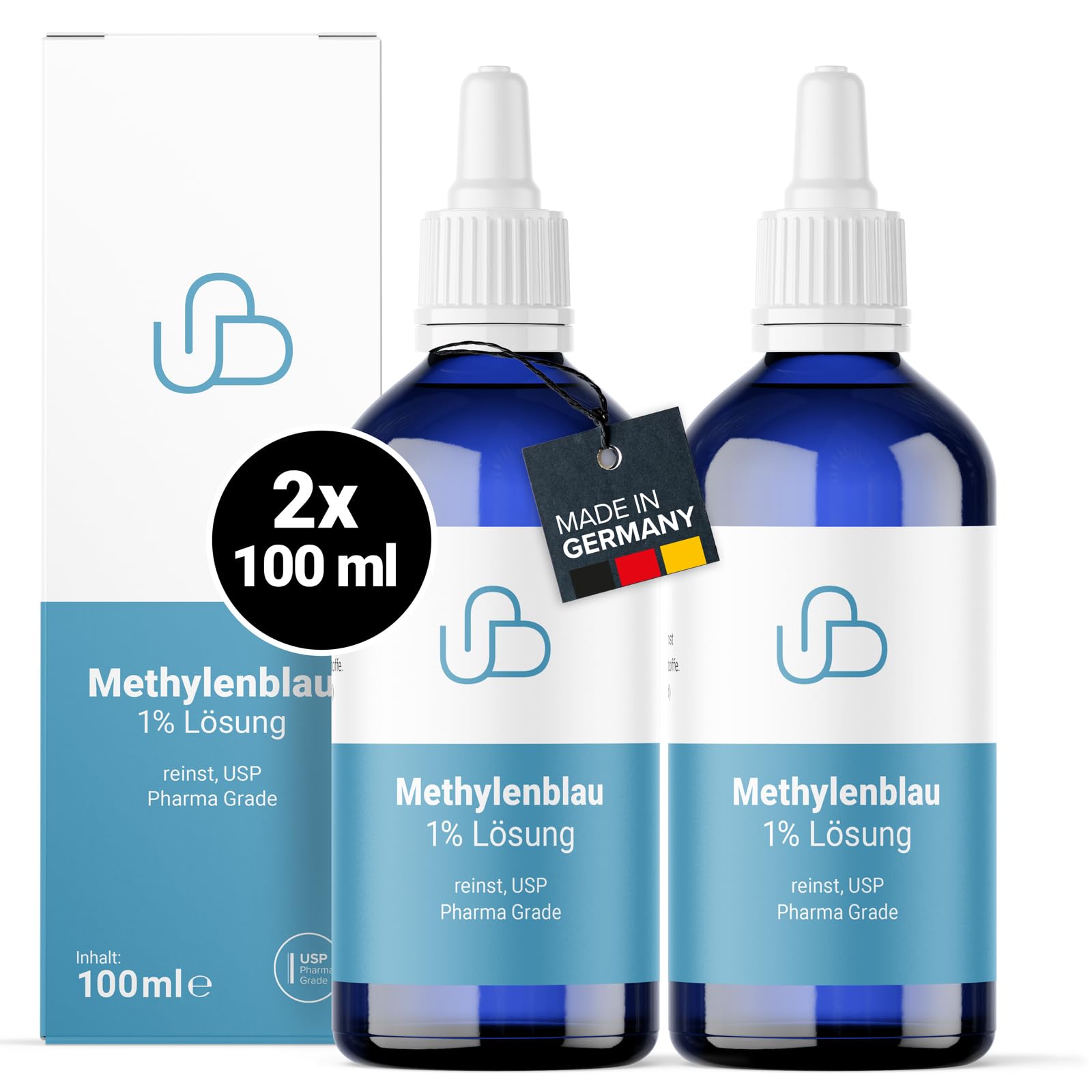 Solution de bleu de méthylène 1% pure qualité pharmaceutique USP, de solution aqueuse, sans additifs, qualité contrôlée en laboratoire, fabriquée en Allemagne (2x 100 ml)