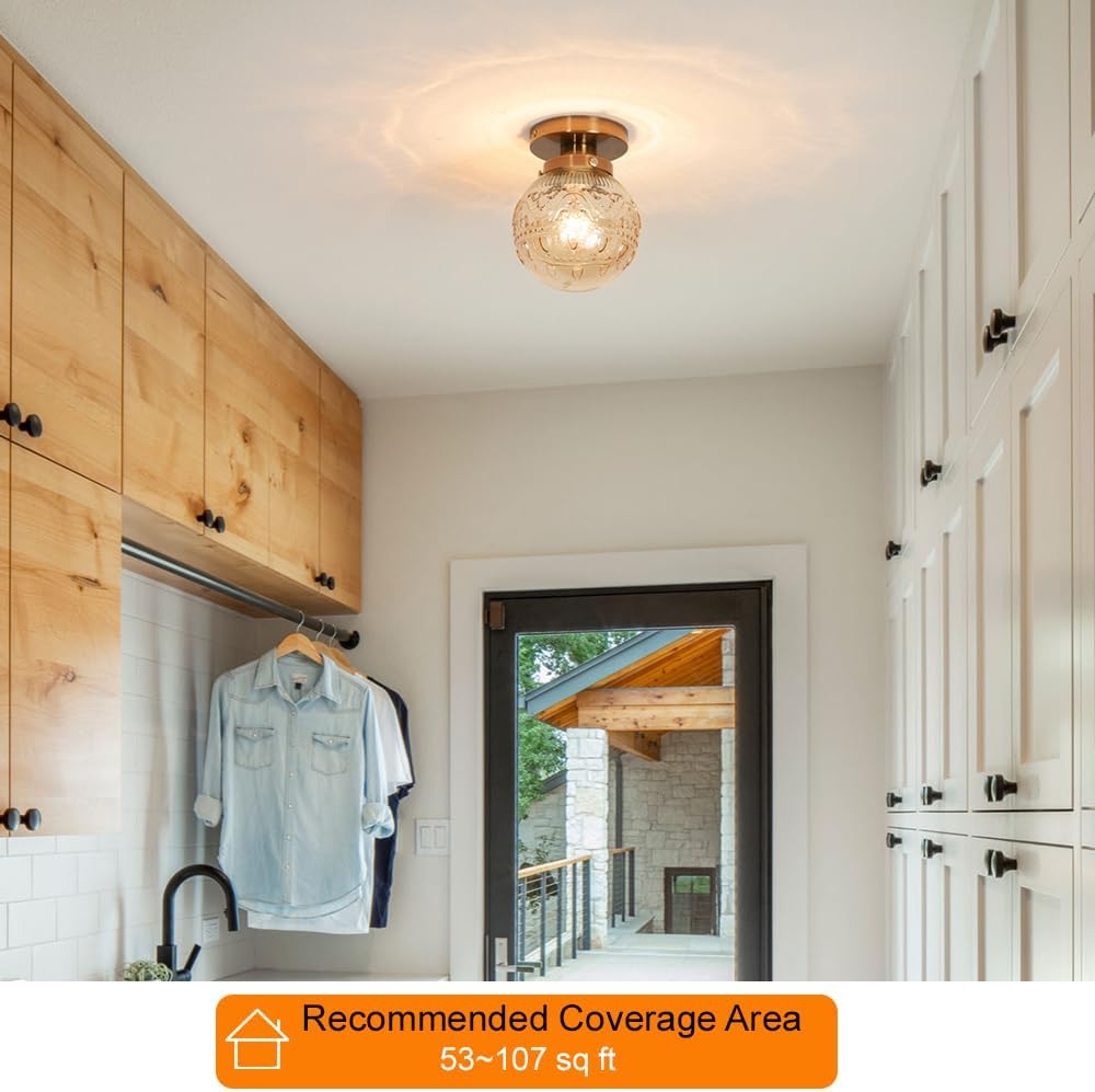 Semi Flush Mount Ceiling Light, Gold Vintage Kitchen Ceiling Lighting Fixture, Amber Globe Glass Close to Ceiling Light, Modern Hallway Lighting for Bathroom Bedroom Corridor Entryway