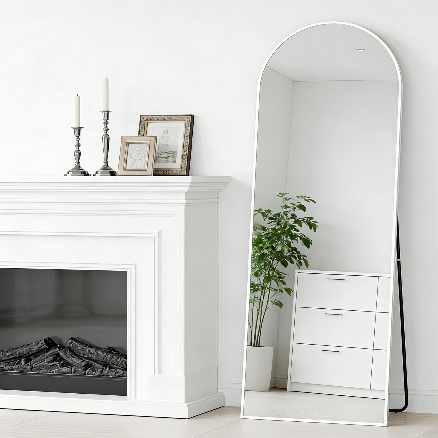 Espejo de piso arqueado de 162 x 53 cm, espejo de pared completo con marco de aluminio, espejos de tocador arqueados colgados o inclinados para el dormitorio de la sala de estar, blanco