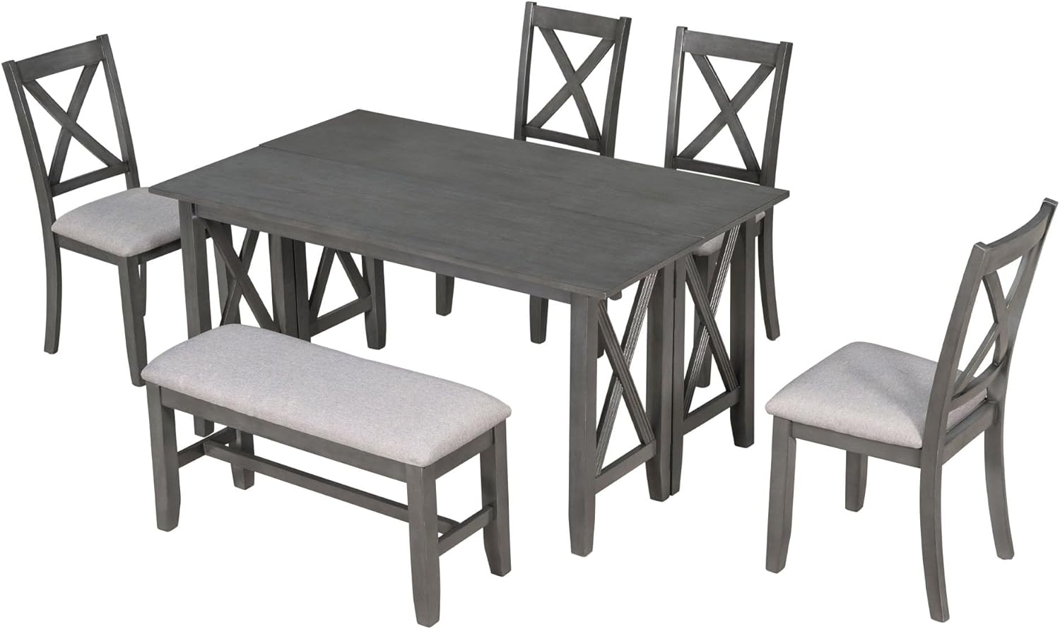 SONGG 6-Piece Family Dining Set with Solid Wood Foldable Table, 4 Upholstered Chairs and Bench, Easy to Assemble, for Living Room, Kitchen, Home Bar, Diningroom, White+Gray Dark Gray+light Gray 6-Piece