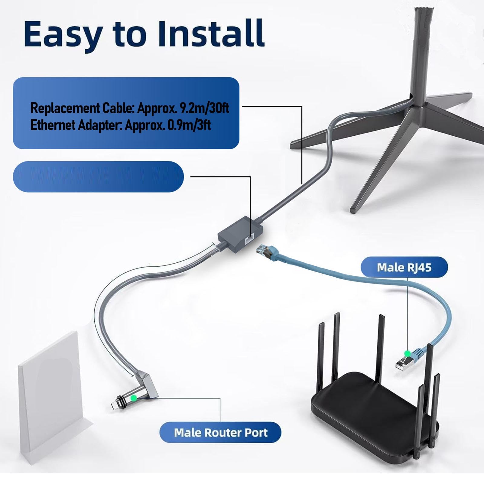 Câble pour Gen 2 de 9 M avec Adaptateur Ethernet RJ45 Femelle 3 Pieds, Câble Remplacement pour Satellite Câble Connexion Réseau, Rallonge Câble pour V2