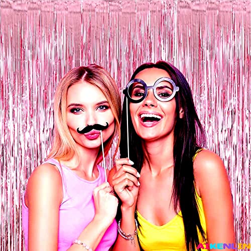 Image of 4 Pack 3.2Ft x 8.2Ft Pink Foil Fringe Curtain Backdrop, Metallic Tinsel Foil Fringe Streamers Curtains Background for Photo Booth, Birthday, Wedding, Halloween, Christmas Party Decoration