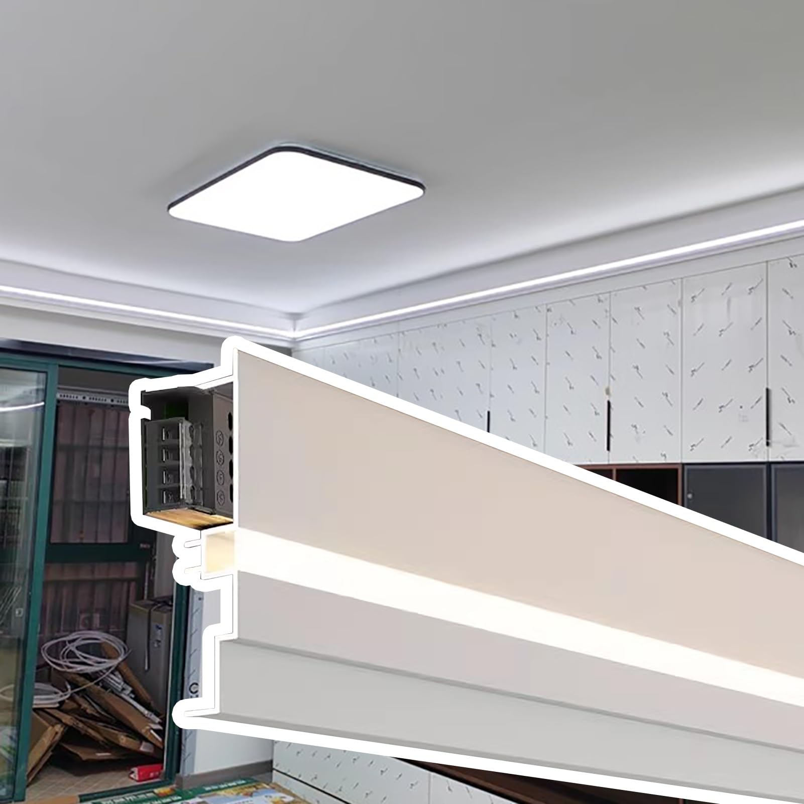 Sistema di illuminazione a LED per casa, palestra, garage o officina, modanatura indiretta per diffusori e canali a binario, rivestimento per pareti e soffitti con alloggiamento