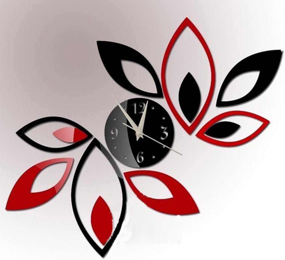 MiiHome Silver Creative Red and Black Rhombus Leaves Leaf Diamonds Wall Clock Mirror Wall Clock Fashion Modern Design Removable DIY Acrylic 3D Mirror Wall Decal Wall Sticker Decoration