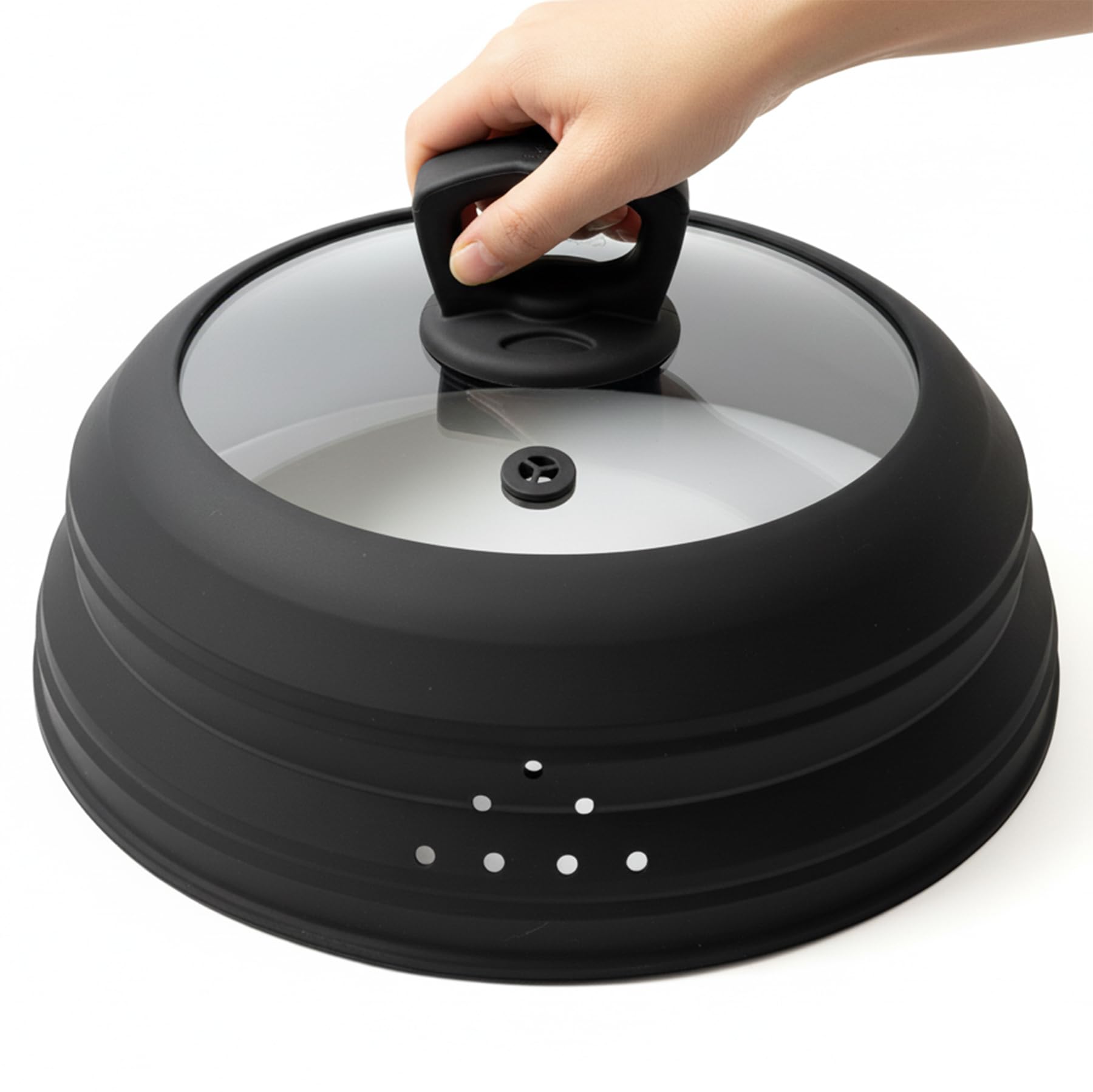 MORSNE Copertura Paraschizzi per Microonde in Vetro da 26,7 cm per Alimenti con Manico, Copertura in Silicone Pieghevole per Microonde con Sfiato per Vapore per Piatto, Pentola, Ciotola (Nero)
