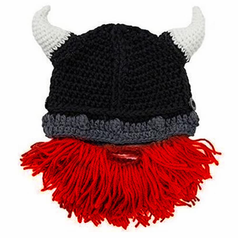 YEKEYI Viking Knit Hat with Horns Funny Wig Beard Hats Handmade Winter Beard Facemask Wig Beanie Hat for Adult Kid Black Red