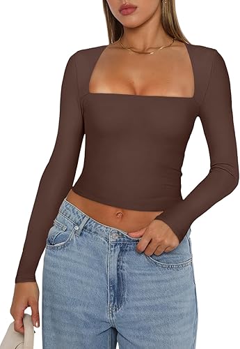 REORIA Women's Basic Sexy Square Neck Long Sleeve Y2K Going Out T Shirt Crop Top