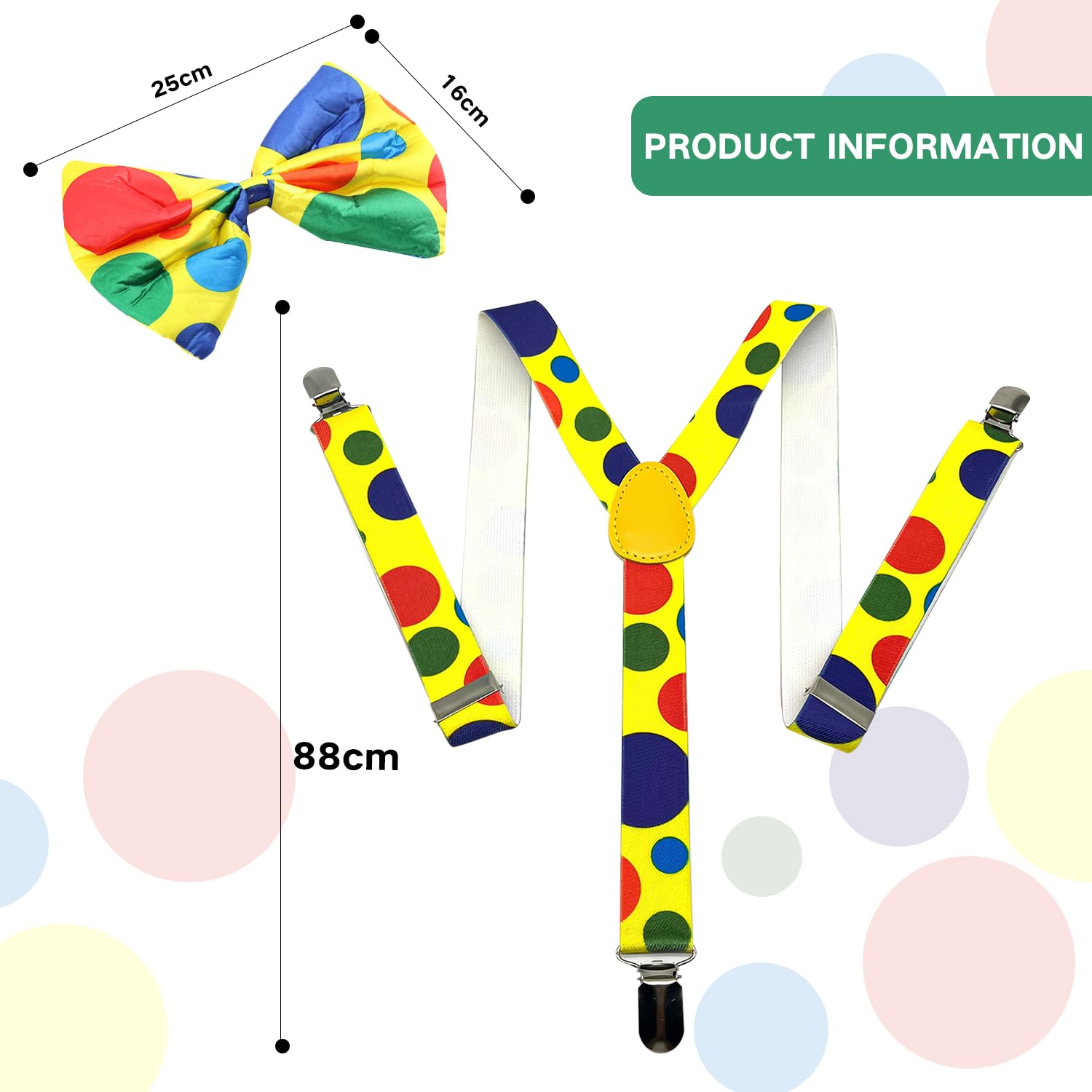 RmKbe 2pcs Clown Costume Set Polka Dot Clown Trouser Braces Rainbow Bow Tie Adjustable Suspenders Party Dress up Accessories for Halloween Cosplay - Image 2