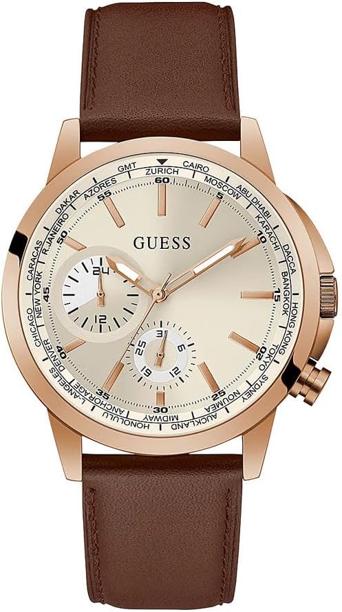 GUESS Mens 44mm Watch - Brown Strap White Dial Gold-Tone Case main image 1