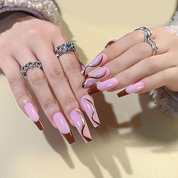 Amazon Com Bynyto Press On Nails Coffin Curve Fake Nails With Designs French Long Nail Tips Glossy Oval False Nails For Women Girls Stick On Nails With Line Acrylic Nail Tips 24pcs Red