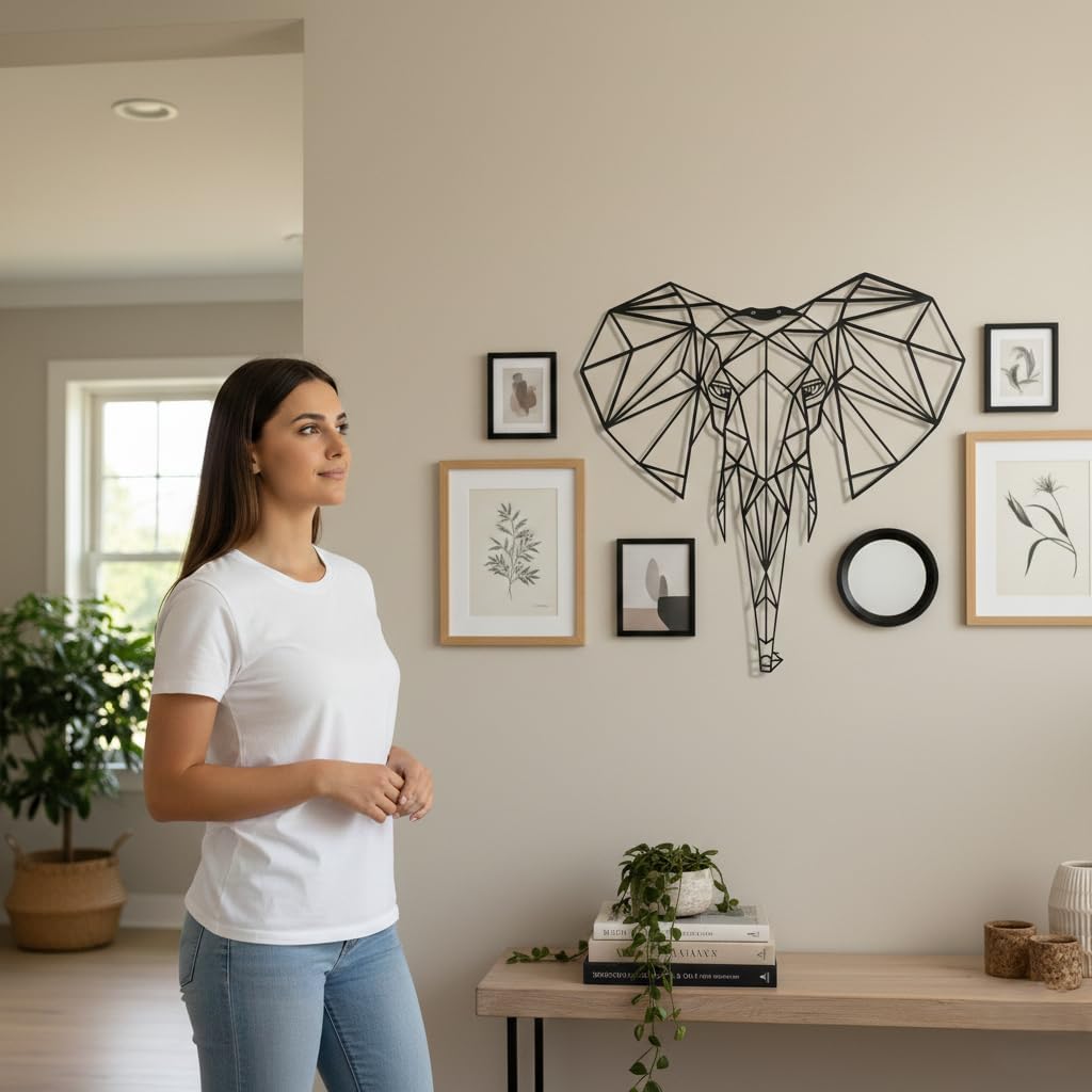 DEKADRON Metal Wall Art- Geometric Elephant Head -3D Wall Silhouette Metal Wall Decor Home Office Decoration Bedroom Living Room Decor Sculpture (17" W x 18" H/44x46cm)