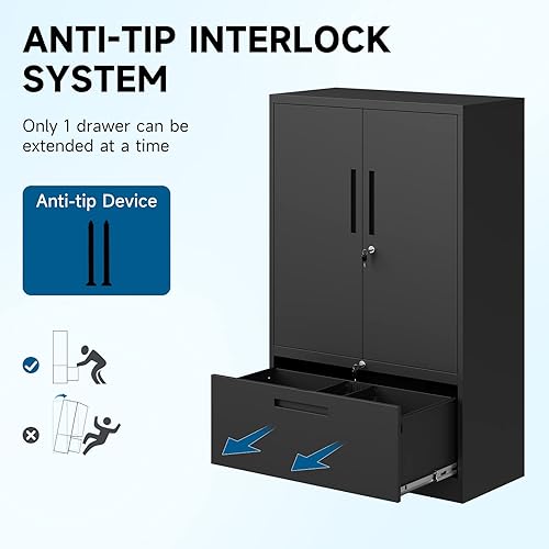 Vista 6 de Archivador de metal con cajón, archivador lateral vertical con cerradura, archivador con gabinete de almacenamiento para oficina en casa, gabinete