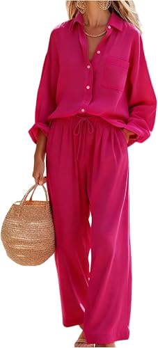 Women's Casual Linen Matching Sets Button Down Shirt And Wide Leg Pants