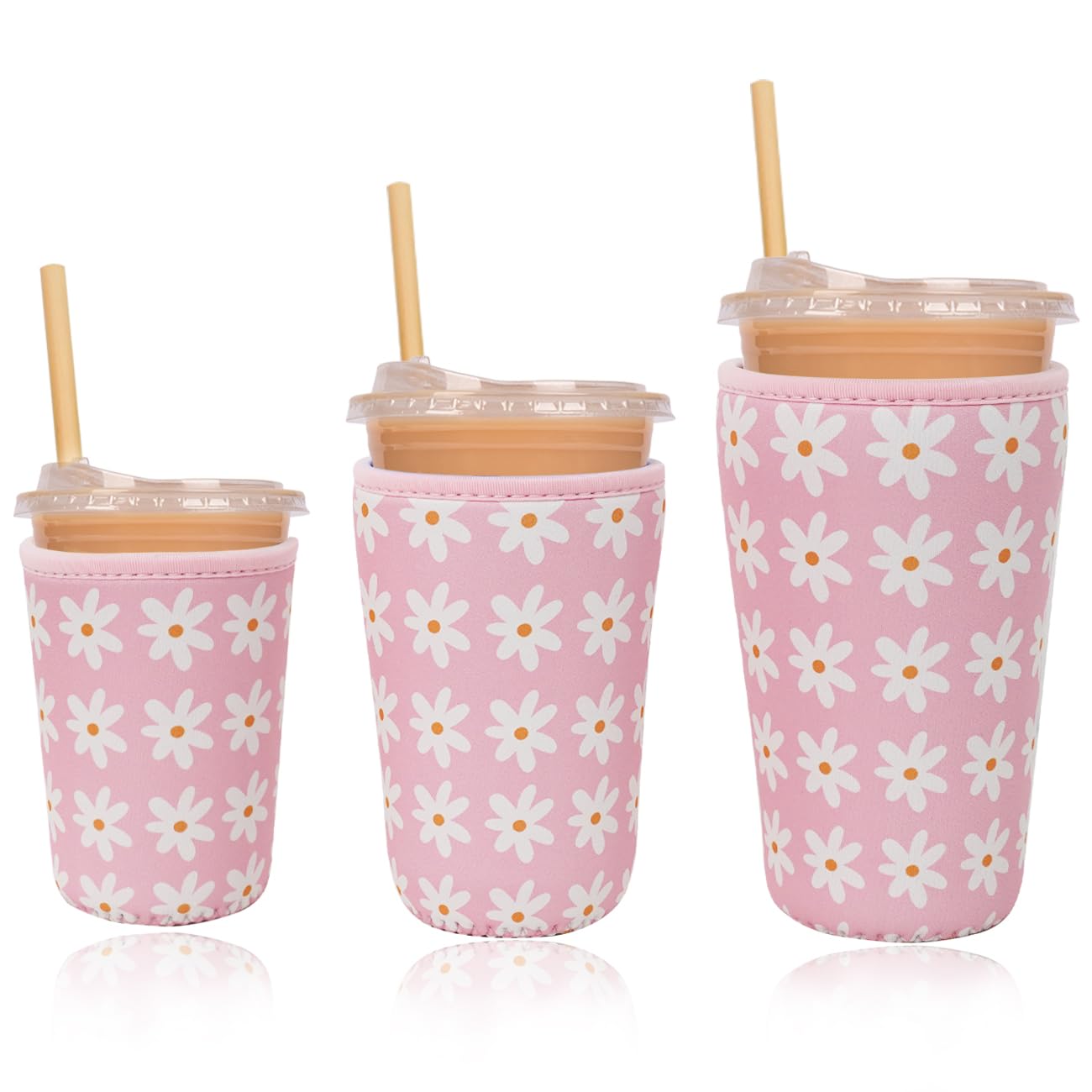 Reusable Insulated Neoprene Iced Coffee Cup Sleeve, Durable Drink Sleeve for Cold Beverages, Beverage Holder for Iced Coffee (Pink Daisies)