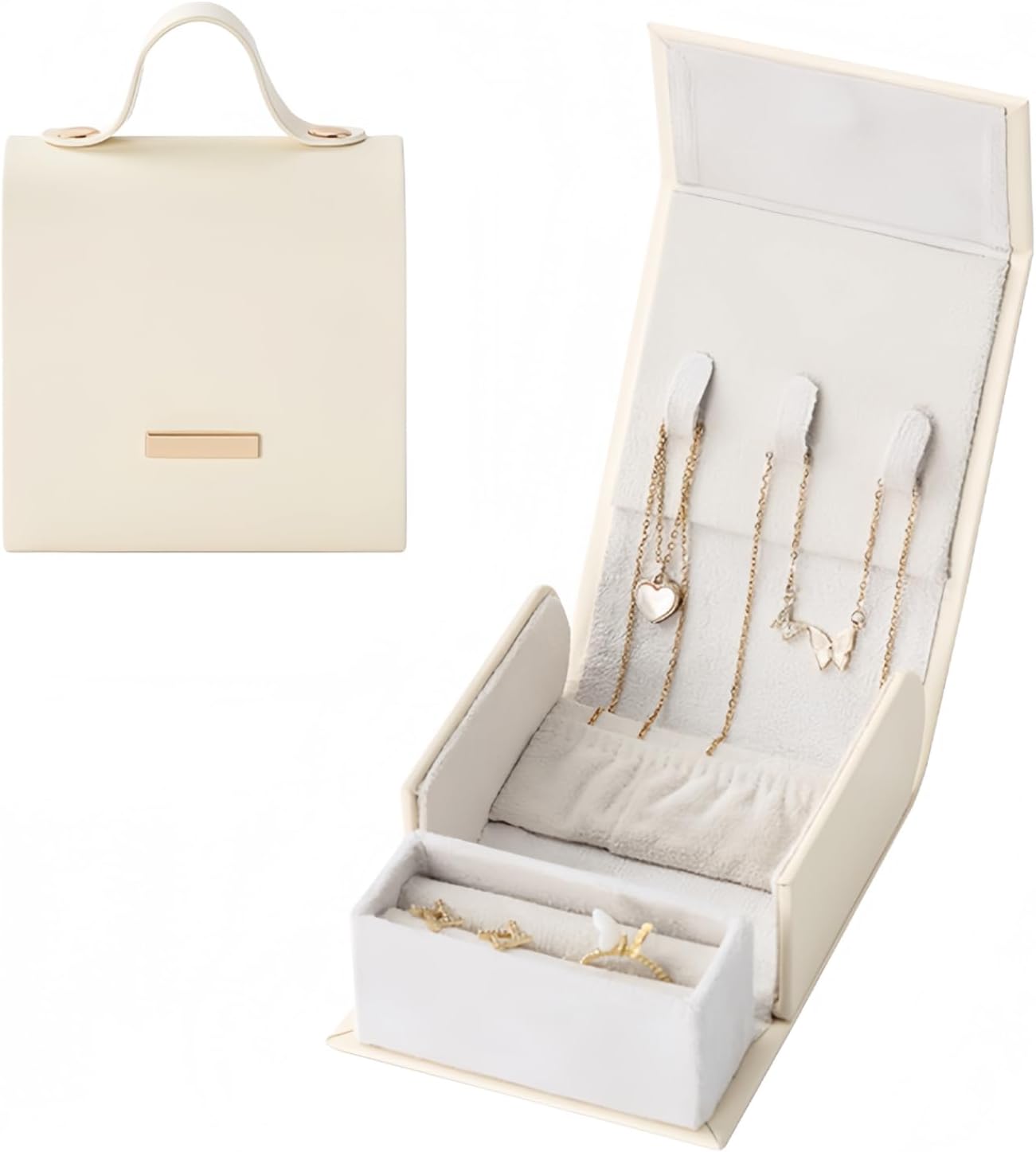 Travel Jewelry Case Small Jewelry Box with Handle Portable Jewelry Storage Organizer Bag PU Leather Mini Jewelry Travel Case for Womens Necklaces Rings Earrings,Birthday,Gifts-White