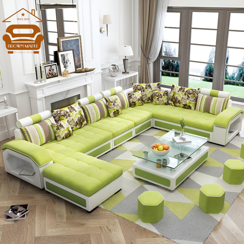 Image of Brown Maple U-Shape Sectional Sofa Set for Home | 10-Seater Fabric Sofa with Tea Table & 4 Puffy | Spacious Seating for 14 Persons | Pre-Assembled, Modern Comfort Design(Green)
