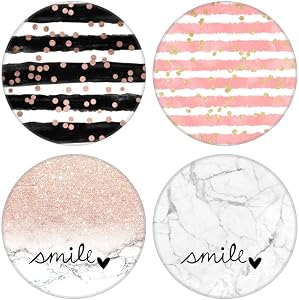 MOKKI 4 Pack Phone Grip,Cell Phone Holder for Smartphone,Finger Expanding Kickstand Stand - Rose Gold Confetti Black Stripes Smile