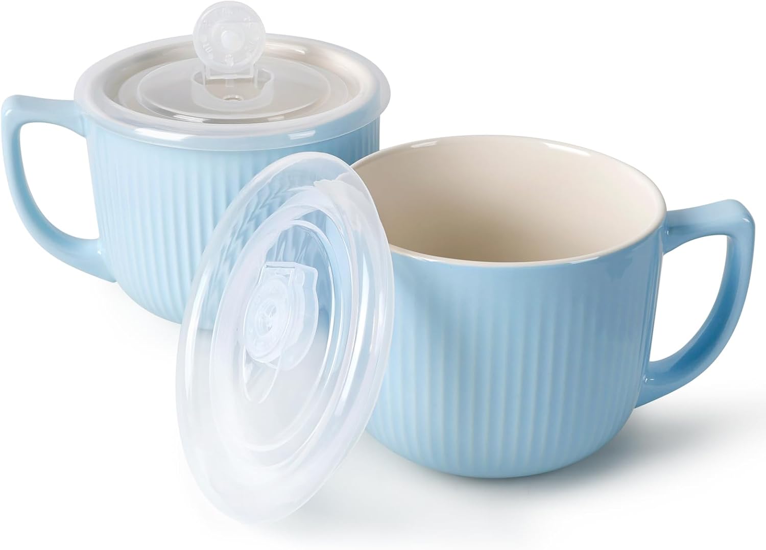 Ceramic Soup Bowls with Vented Lid, 32 Ounce Soup Mug with Handle, 2packs 5 inch Jumbo Soup Cups, Wide Large Cereal Bowl for Oatmeal, Gumbo Salad, Microwave Oven Safe (Grey)