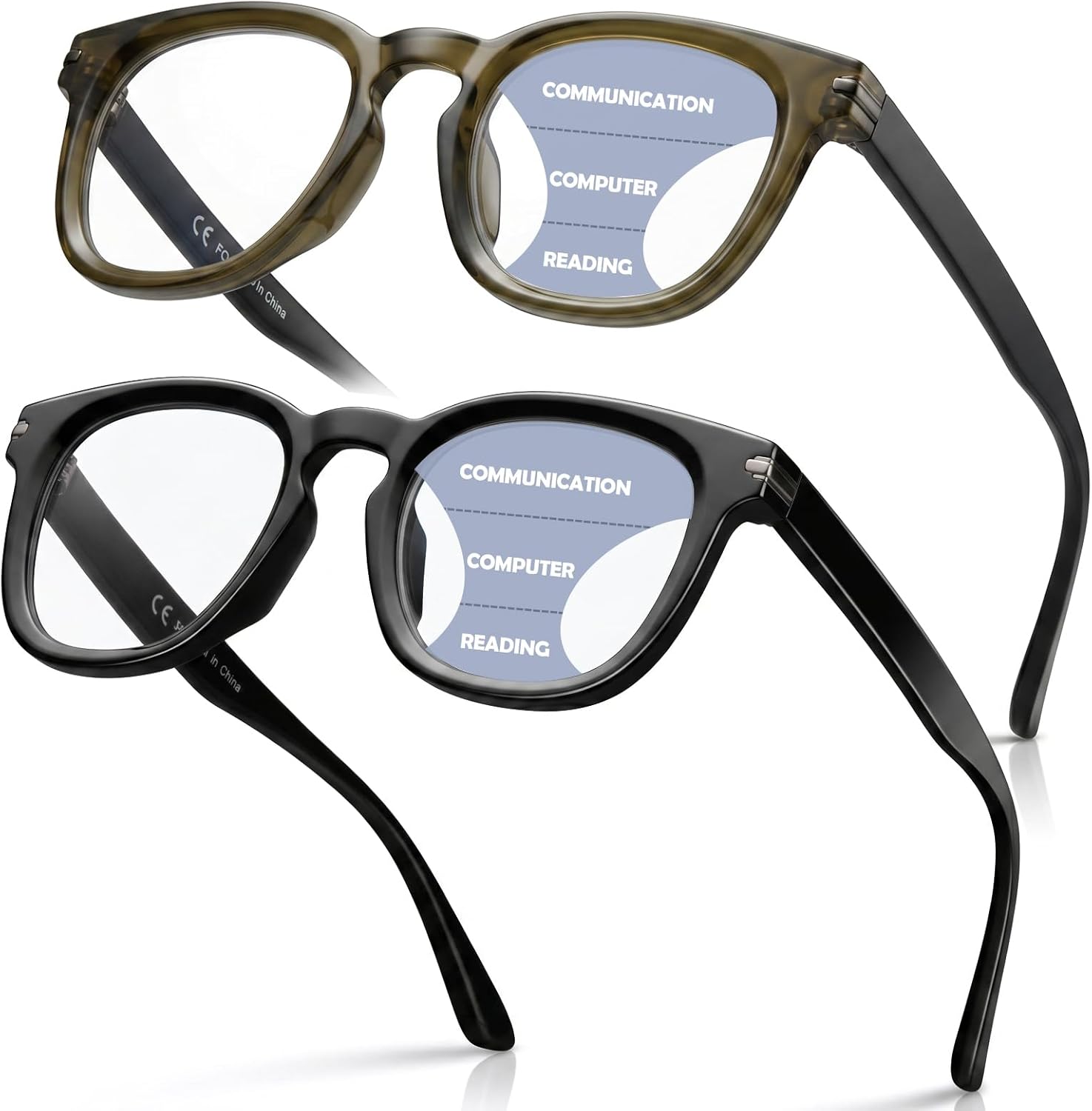 Missfive 2-Pack Retro Thick Progressive Multifocus Reading Glasses Men, Stronger 5-Barrel Metal Hinge Multifocal Computer Readers, No-Line Anti-blue Trifocal Eyeglasses for Middle-Near Range 2.5x