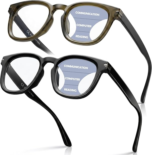 Missfive 2 Pares Lentes de Lectura Multifocales Progresivas Retro Gruesas para Hombre, Bisagra Metálica Reforzada de 5 Barriles, Lectura para Computadora, Trifocales sin Línea Antiluz Azul para Rango Medio-Cercano 2.0x