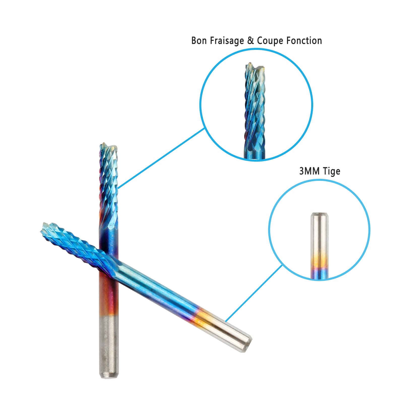 Treki 10pcs Jeu de Fraise Bavures CNC Carbure de Tungstène Nano Bleu, Tige 3MM Fraises en Bout pour Machine de Gravure Carte de Circuit Imprimé PCB SMT