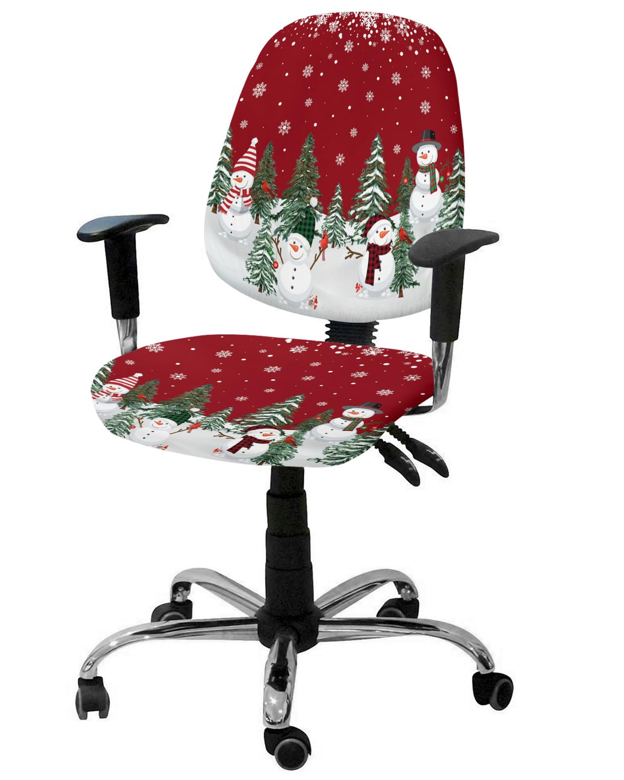 Red Christmas Office Chair Covers 2 Piece, Xmas Stretch Computer Chair Cover Universal Rotating Desk Chair Covers Washable Winter Snowman Chair Seat Cover Back Slipcover Protector Seasonal Snowflake